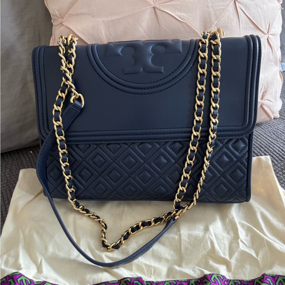 Tory Burch Navy Quilted Shoulder Bag with Gold Chain - Medium Fleming Bag